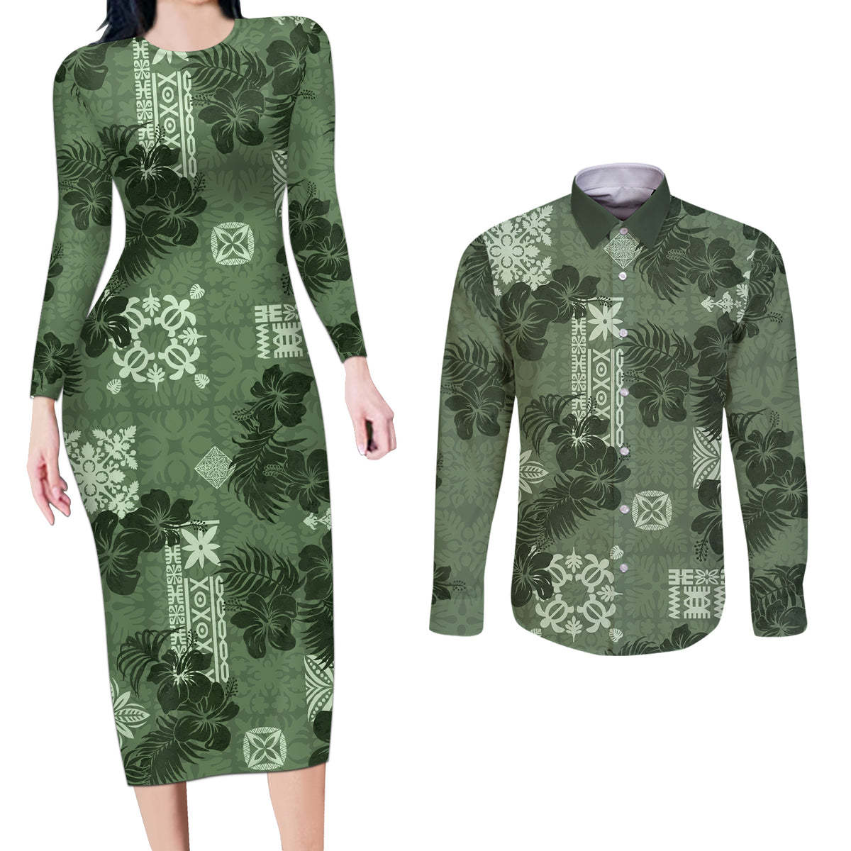 Hawaii Tapa Couples Matching Long Sleeve Bodycon Dress and Long Sleeve Button Shirt Hibiscus Mix Hawaiian Quilt Patches - Sage Green LT7 - Wonder Print Shop