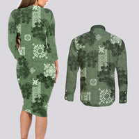 Hawaii Tapa Couples Matching Long Sleeve Bodycon Dress and Long Sleeve Button Shirt Hibiscus Mix Hawaiian Quilt Patches - Sage Green LT7 - Wonder Print Shop