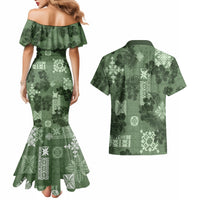 Hawaii Tapa Couples Matching Mermaid Dress and Hawaiian Shirt Hibiscus Mix Hawaiian Quilt Patches - Sage Green LT7 - Wonder Print Shop