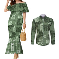 hawaii-tapa-couples-matching-mermaid-dress-and-long-sleeve-button-shirt-hibiscus-mix-hawaiian-quilt-patches-sage-green