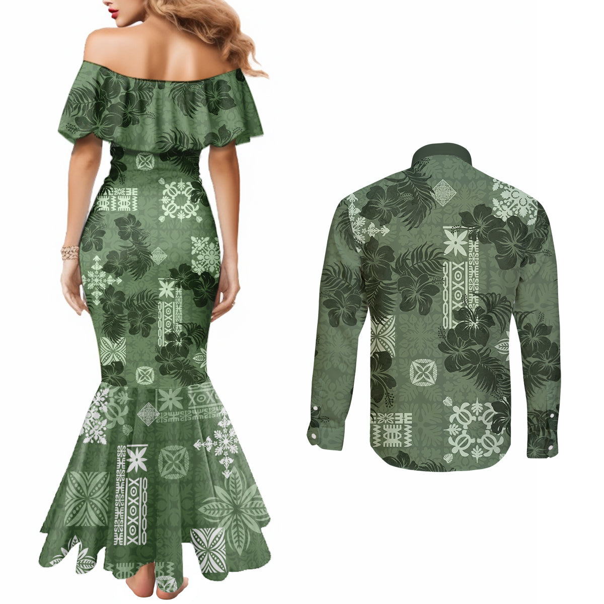 hawaii-tapa-couples-matching-mermaid-dress-and-long-sleeve-button-shirt-hibiscus-mix-hawaiian-quilt-patches-sage-green
