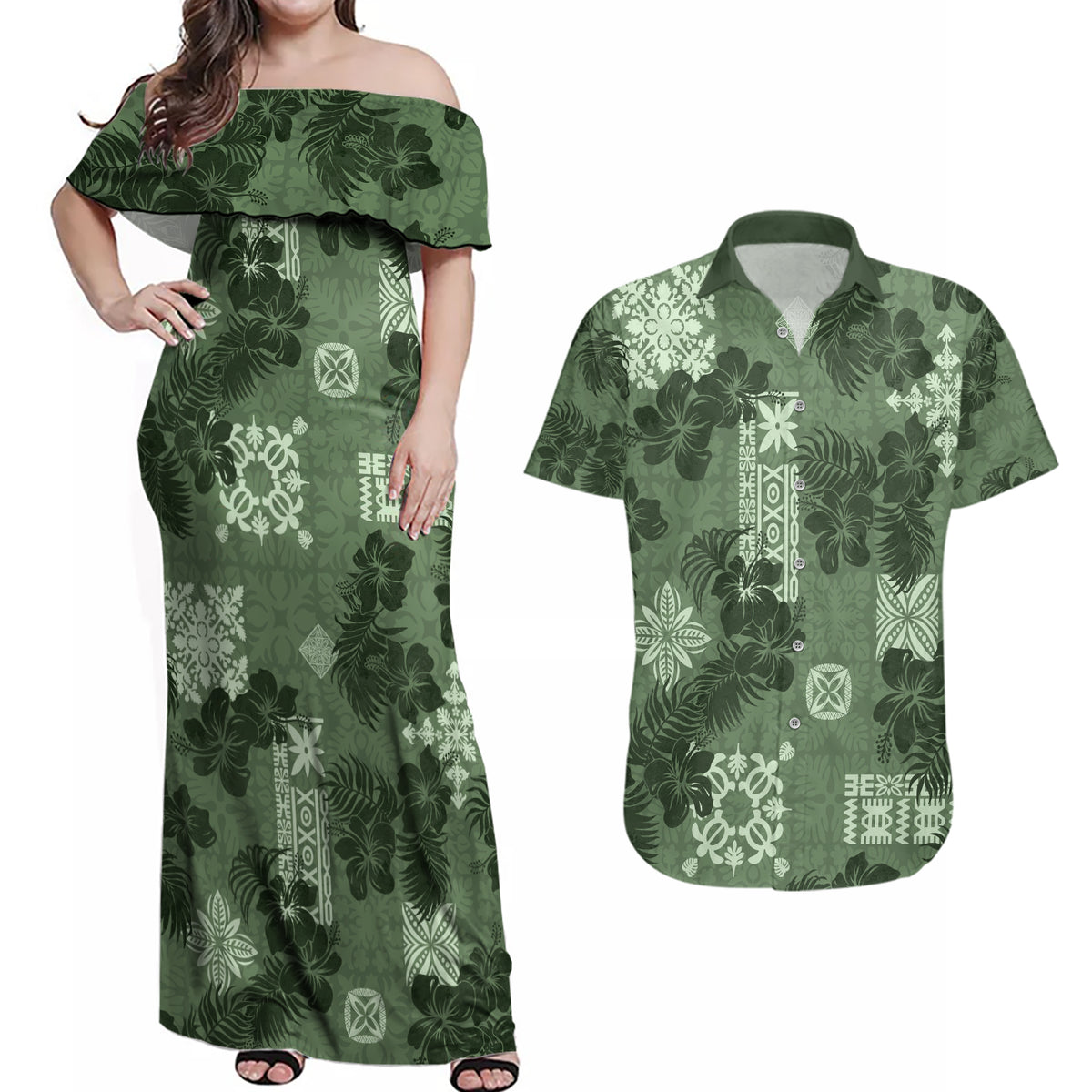 Hawaii Tapa Couples Matching Off Shoulder Maxi Dress and Hawaiian Shirt Hibiscus Mix Hawaiian Quilt Patches - Sage Green LT7 - Wonder Print Shop