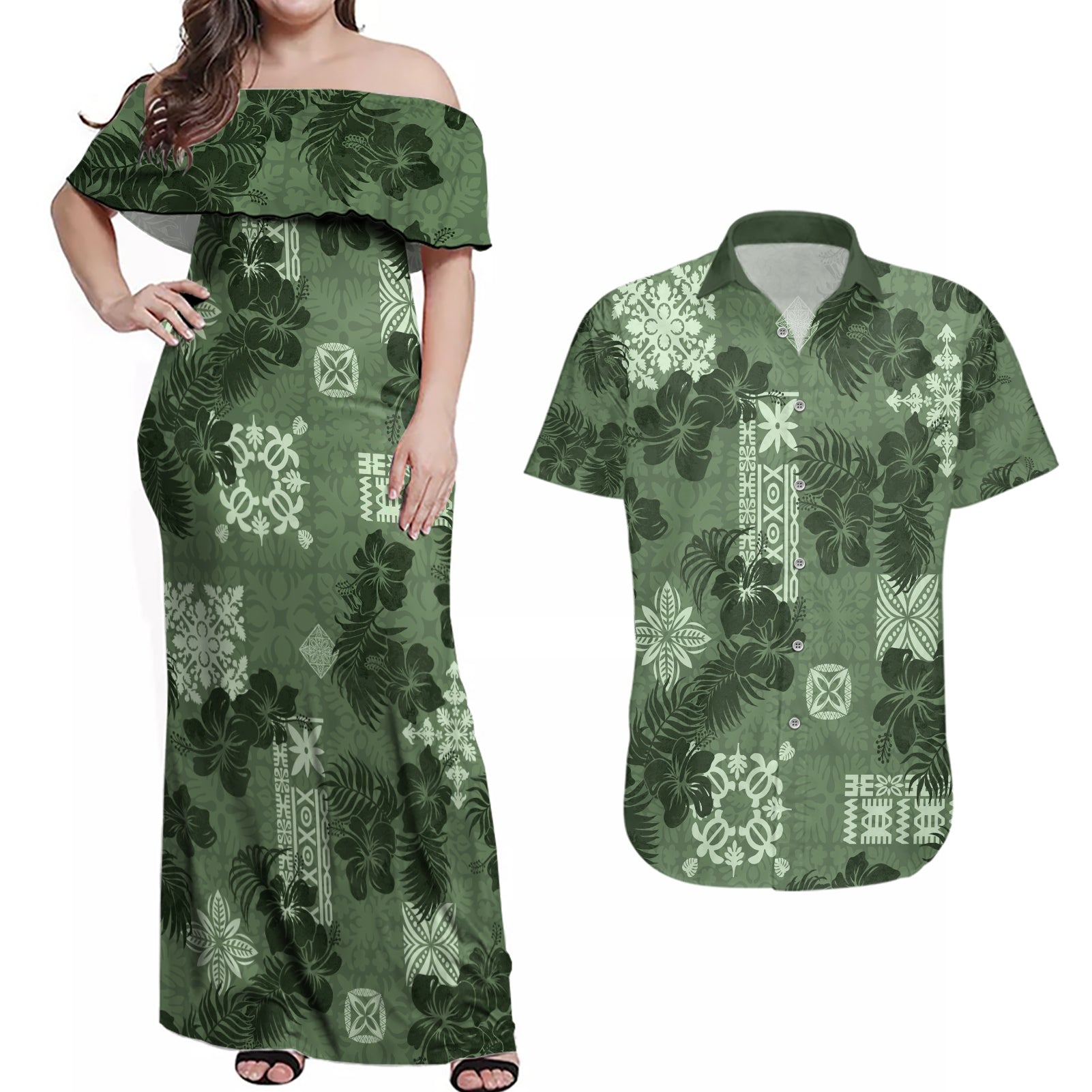 Hawaii Tapa Couples Matching Off Shoulder Maxi Dress and Hawaiian Shirt Hibiscus Mix Hawaiian Quilt Patches - Sage Green LT7 - Wonder Print Shop