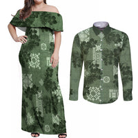 Hawaii Tapa Couples Matching Off Shoulder Maxi Dress and Long Sleeve Button Shirt Hibiscus Mix Hawaiian Quilt Patches - Sage Green LT7 - Wonder Print Shop