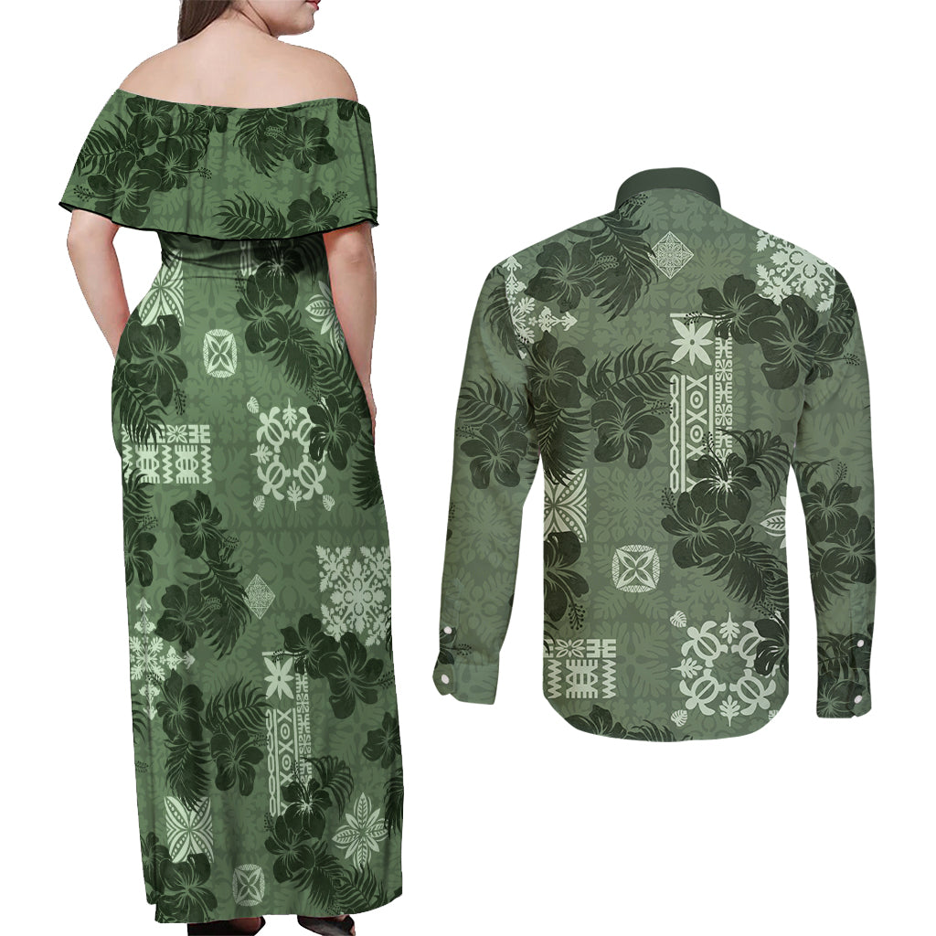 Hawaii Tapa Couples Matching Off Shoulder Maxi Dress and Long Sleeve Button Shirt Hibiscus Mix Hawaiian Quilt Patches - Sage Green LT7 - Wonder Print Shop