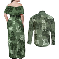 Hawaii Tapa Couples Matching Off Shoulder Maxi Dress and Long Sleeve Button Shirt Hibiscus Mix Hawaiian Quilt Patches - Sage Green LT7 - Wonder Print Shop