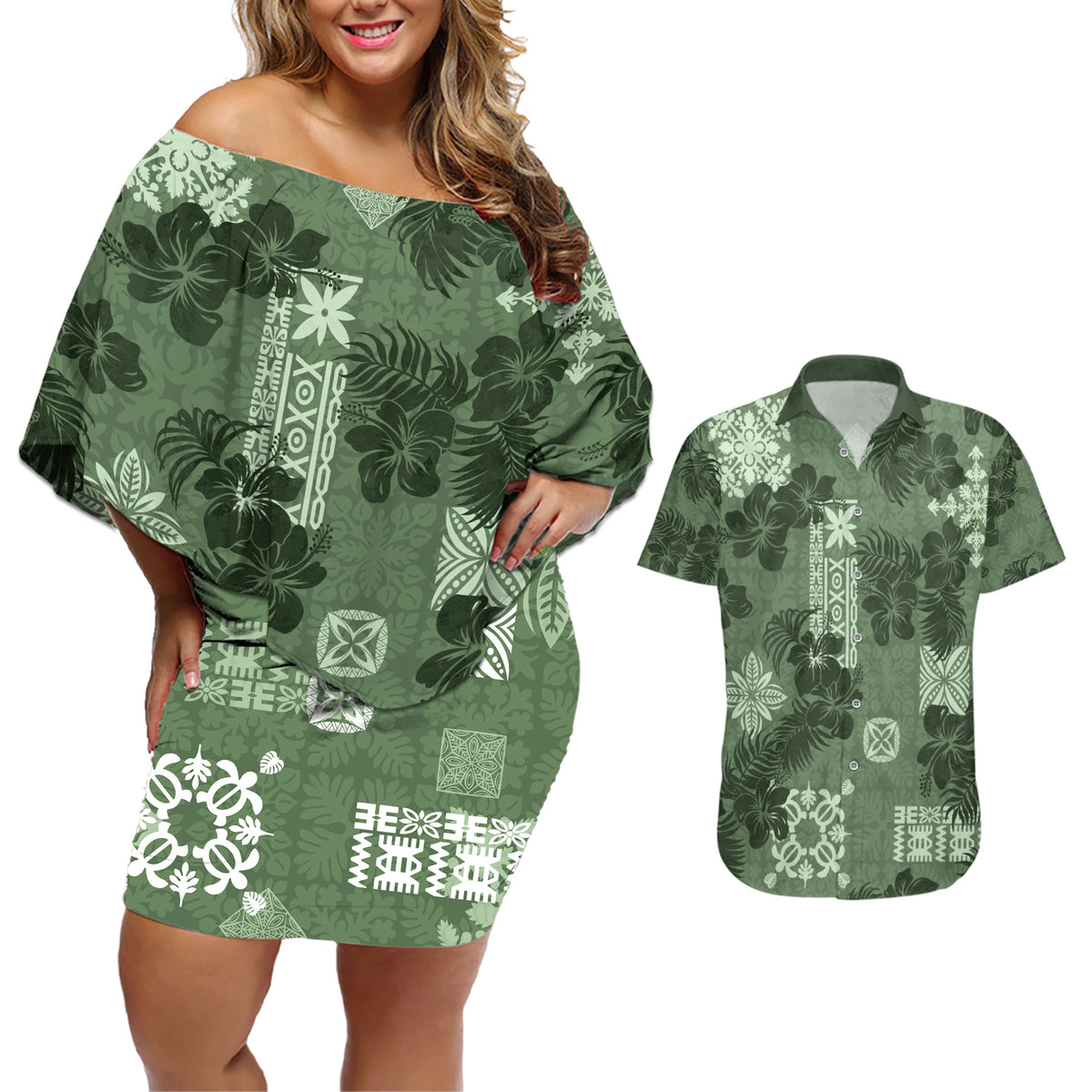 Hawaii Tapa Couples Matching Off Shoulder Short Dress and Hawaiian Shirt Hibiscus Mix Hawaiian Quilt Patches - Sage Green LT7 - Wonder Print Shop