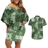 Hawaii Tapa Couples Matching Off Shoulder Short Dress and Hawaiian Shirt Hibiscus Mix Hawaiian Quilt Patches - Sage Green LT7 - Wonder Print Shop