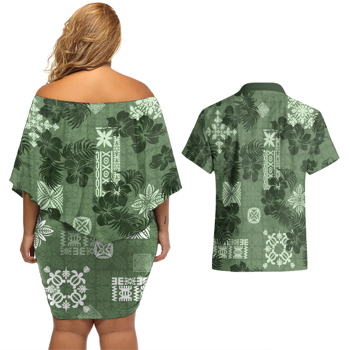 Hawaii Tapa Couples Matching Off Shoulder Short Dress and Hawaiian Shirt Hibiscus Mix Hawaiian Quilt Patches - Sage Green LT7 - Wonder Print Shop
