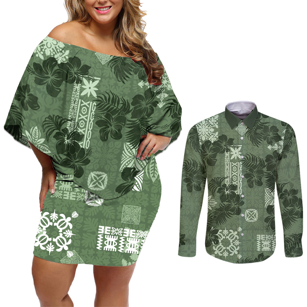 Hawaii Tapa Couples Matching Off Shoulder Short Dress and Long Sleeve Button Shirt Hibiscus Mix Hawaiian Quilt Patches - Sage Green LT7 - Wonder Print Shop