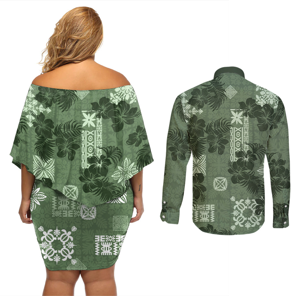 Hawaii Tapa Couples Matching Off Shoulder Short Dress and Long Sleeve Button Shirt Hibiscus Mix Hawaiian Quilt Patches - Sage Green LT7 - Wonder Print Shop