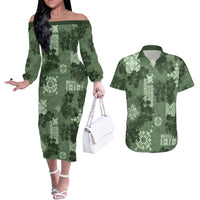 Hawaii Tapa Couples Matching Off The Shoulder Long Sleeve Dress and Hawaiian Shirt Hibiscus Mix Hawaiian Quilt Patches - Sage Green LT7 - Wonder Print Shop