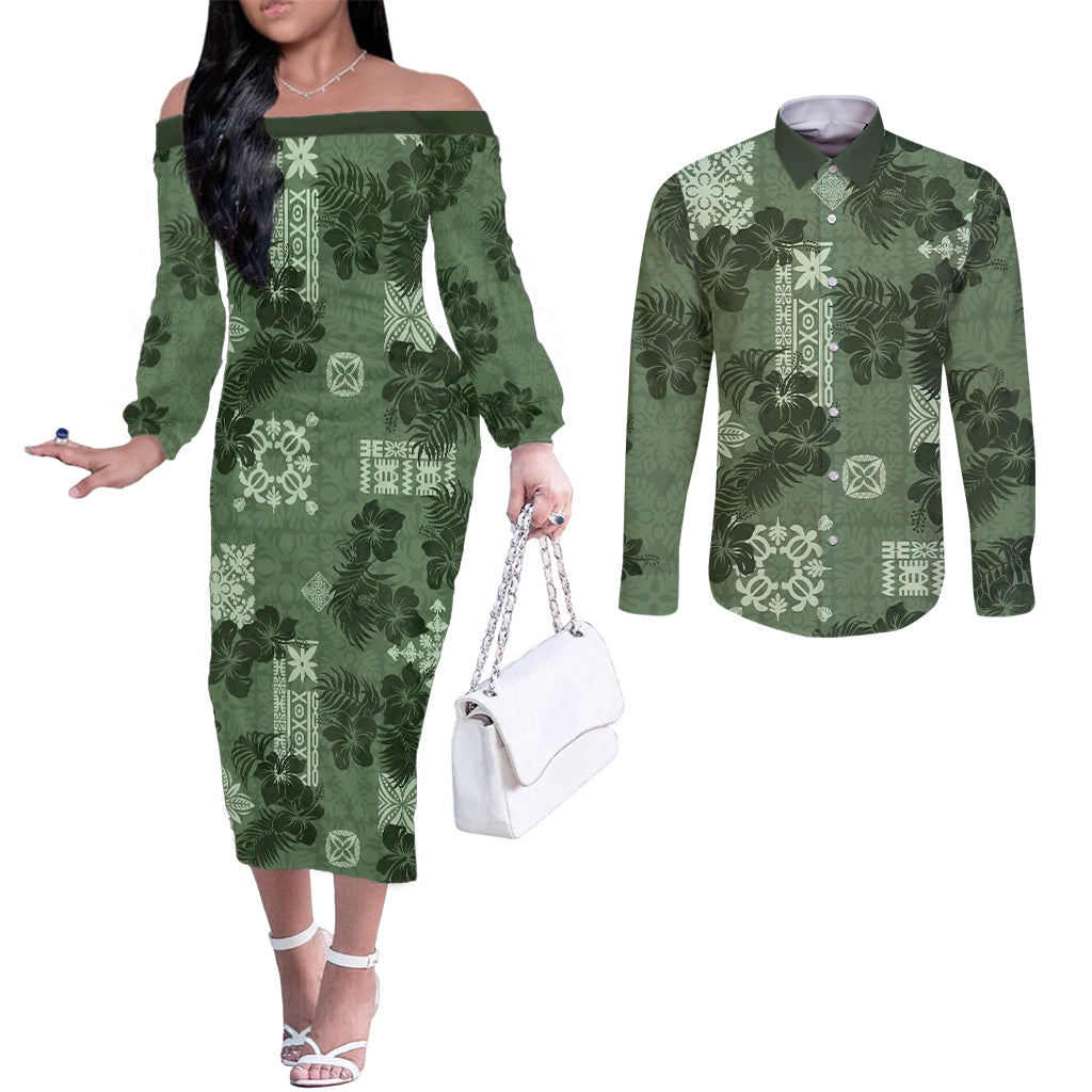 hawaii-tapa-couples-matching-off-the-shoulder-long-sleeve-dress-and-long-sleeve-button-shirt-hibiscus-mix-hawaiian-quilt-patches-sage-green