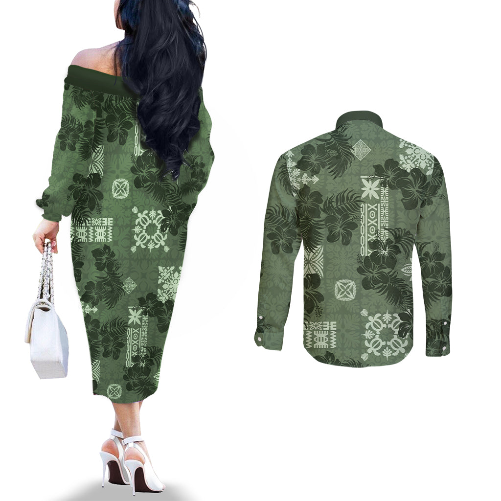 hawaii-tapa-couples-matching-off-the-shoulder-long-sleeve-dress-and-long-sleeve-button-shirt-hibiscus-mix-hawaiian-quilt-patches-sage-green