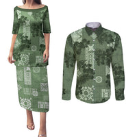 Hawaii Tapa Couples Matching Puletasi Dress and Long Sleeve Button Shirt Hibiscus Mix Hawaiian Quilt Patches - Sage Green LT7 - Wonder Print Shop