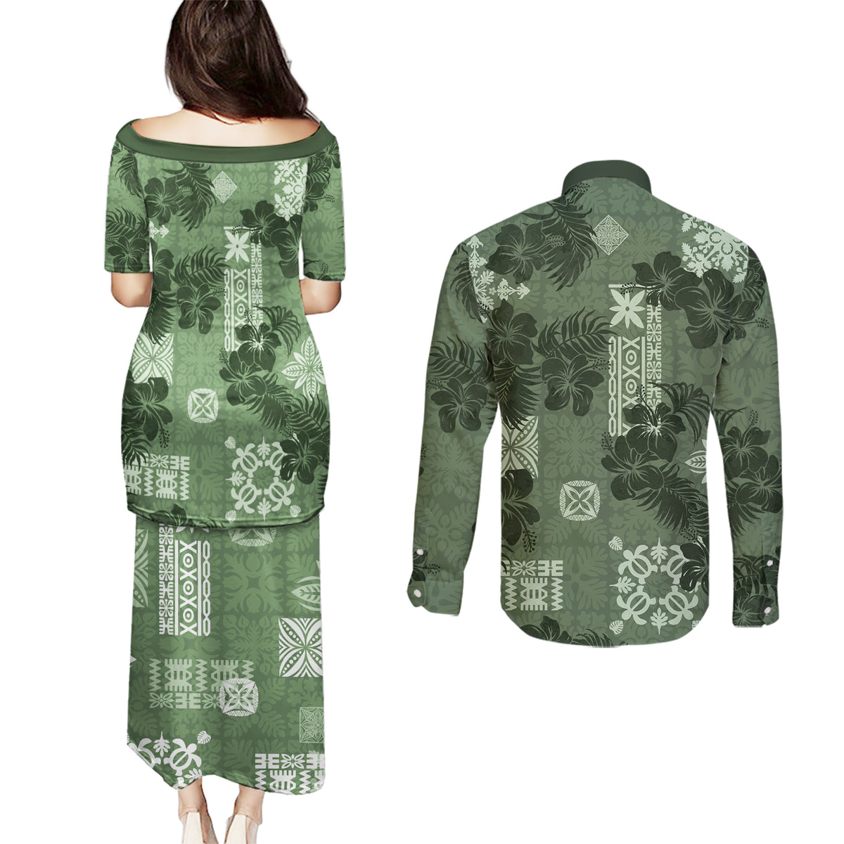 Hawaii Tapa Couples Matching Puletasi Dress and Long Sleeve Button Shirt Hibiscus Mix Hawaiian Quilt Patches - Sage Green LT7 - Wonder Print Shop
