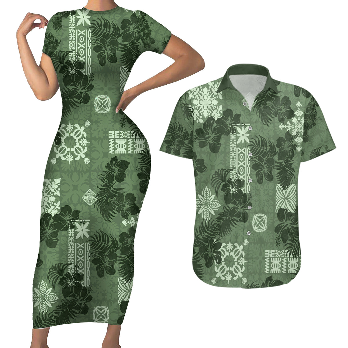 Hawaii Tapa Couples Matching Short Sleeve Bodycon Dress and Hawaiian Shirt Hibiscus Mix Hawaiian Quilt Patches - Sage Green LT7 - Wonder Print Shop
