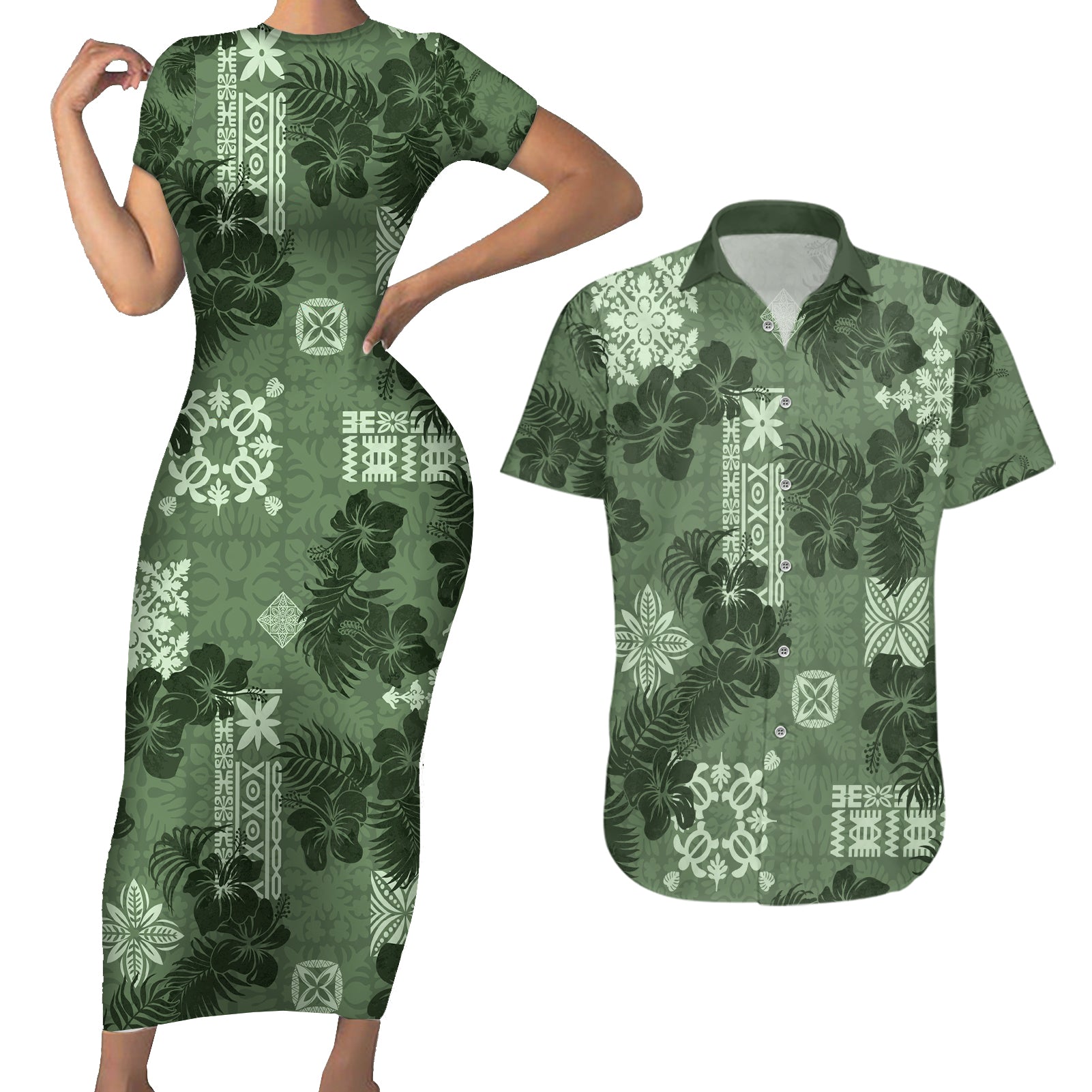 Hawaii Tapa Couples Matching Short Sleeve Bodycon Dress and Hawaiian Shirt Hibiscus Mix Hawaiian Quilt Patches - Sage Green LT7 - Wonder Print Shop