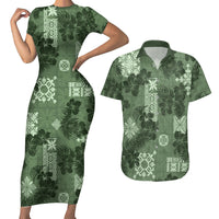 Hawaii Tapa Couples Matching Short Sleeve Bodycon Dress and Hawaiian Shirt Hibiscus Mix Hawaiian Quilt Patches - Sage Green LT7 - Wonder Print Shop