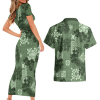 Hawaii Tapa Couples Matching Short Sleeve Bodycon Dress and Hawaiian Shirt Hibiscus Mix Hawaiian Quilt Patches - Sage Green LT7 - Wonder Print Shop