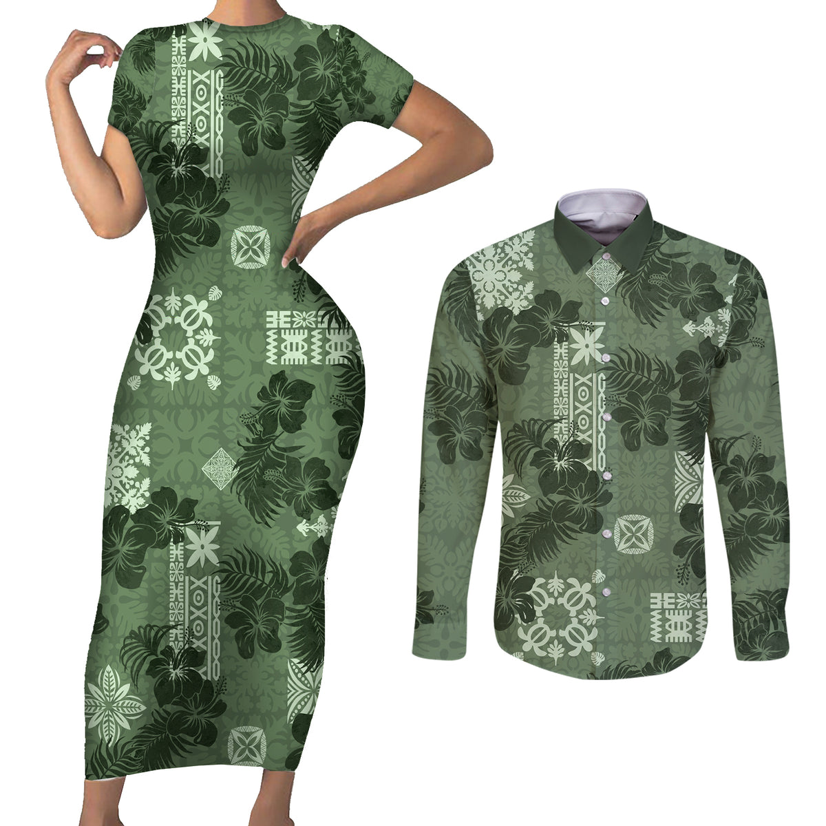 Hawaii Tapa Couples Matching Short Sleeve Bodycon Dress and Long Sleeve Button Shirt Hibiscus Mix Hawaiian Quilt Patches - Sage Green LT7 - Wonder Print Shop