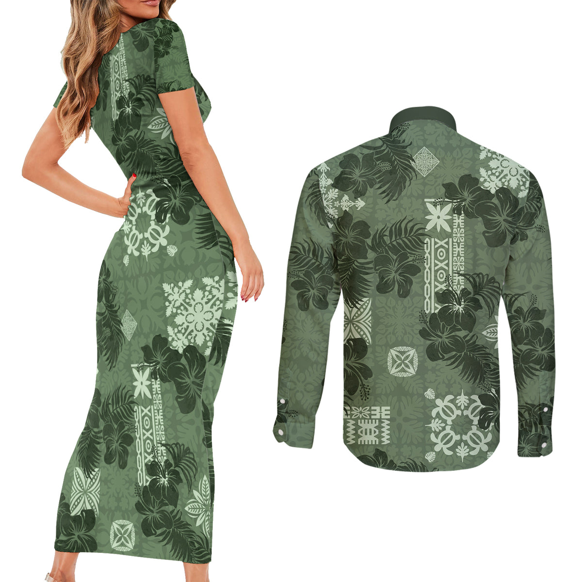 Hawaii Tapa Couples Matching Short Sleeve Bodycon Dress and Long Sleeve Button Shirt Hibiscus Mix Hawaiian Quilt Patches - Sage Green LT7 - Wonder Print Shop