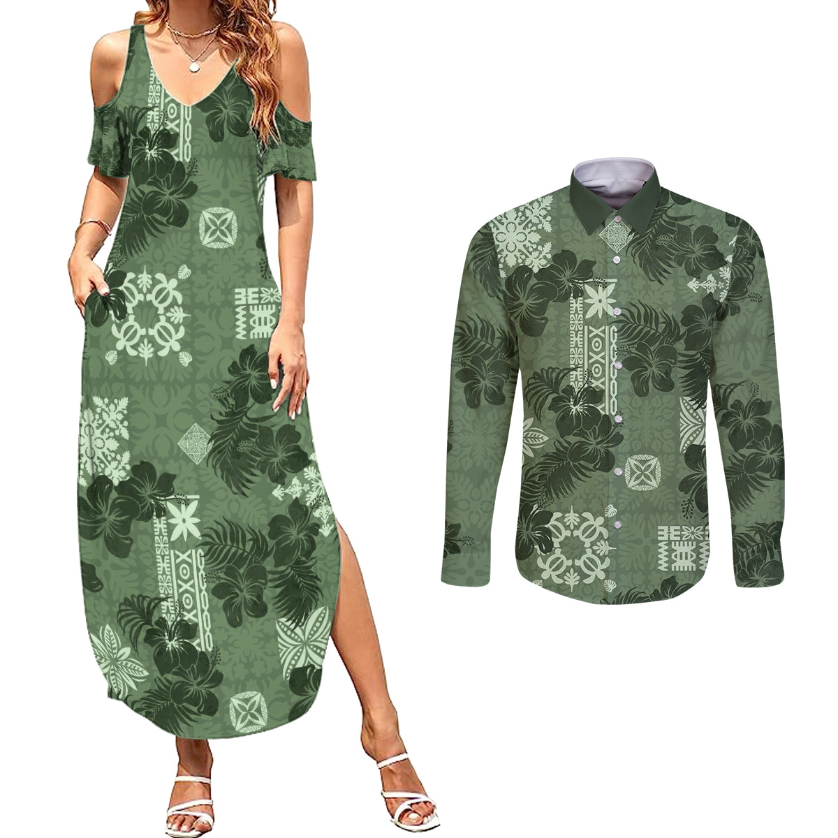 Hawaii Tapa Couples Matching Summer Maxi Dress and Long Sleeve Button Shirt Hibiscus Mix Hawaiian Quilt Patches - Sage Green LT7 - Wonder Print Shop