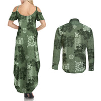 Hawaii Tapa Couples Matching Summer Maxi Dress and Long Sleeve Button Shirt Hibiscus Mix Hawaiian Quilt Patches - Sage Green LT7 - Wonder Print Shop