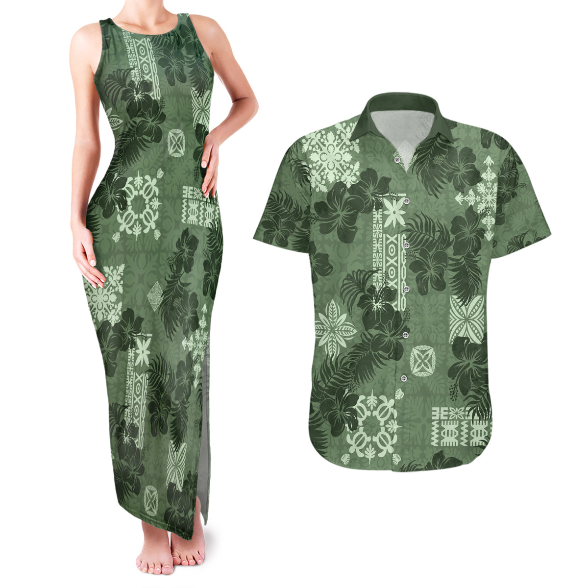Hawaii Tapa Couples Matching Tank Maxi Dress and Hawaiian Shirt Hibiscus Mix Hawaiian Quilt Patches - Sage Green LT7 - Wonder Print Shop