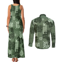 Hawaii Tapa Couples Matching Tank Maxi Dress and Long Sleeve Button Shirt Hibiscus Mix Hawaiian Quilt Patches - Sage Green LT7 - Wonder Print Shop