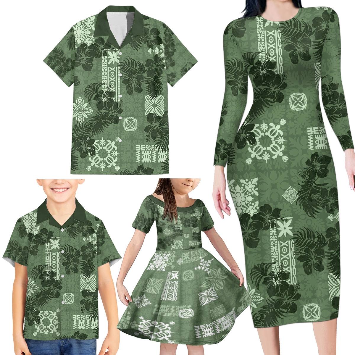 Hawaii Tapa Family Matching Long Sleeve Bodycon Dress and Hawaiian Shirt Hibiscus Mix Hawaiian Quilt Patches - Sage Green LT7 - Wonder Print Shop
