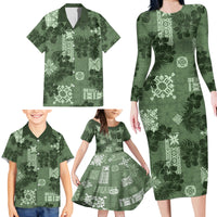 Hawaii Tapa Family Matching Long Sleeve Bodycon Dress and Hawaiian Shirt Hibiscus Mix Hawaiian Quilt Patches - Sage Green LT7 - Wonder Print Shop