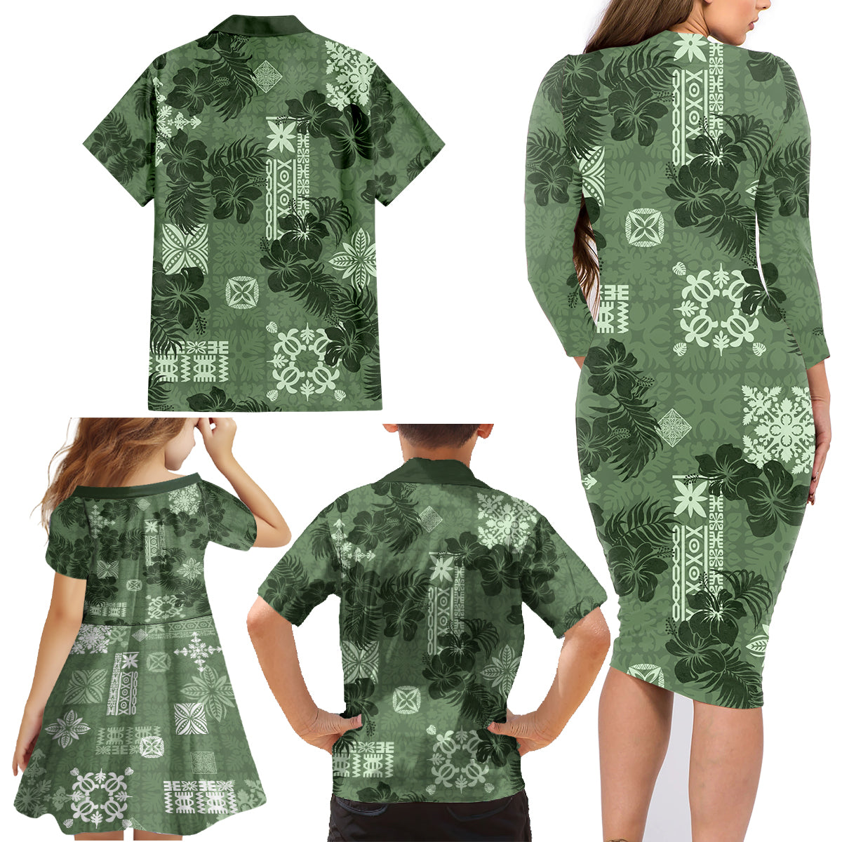 Hawaii Tapa Family Matching Long Sleeve Bodycon Dress and Hawaiian Shirt Hibiscus Mix Hawaiian Quilt Patches - Sage Green LT7 - Wonder Print Shop