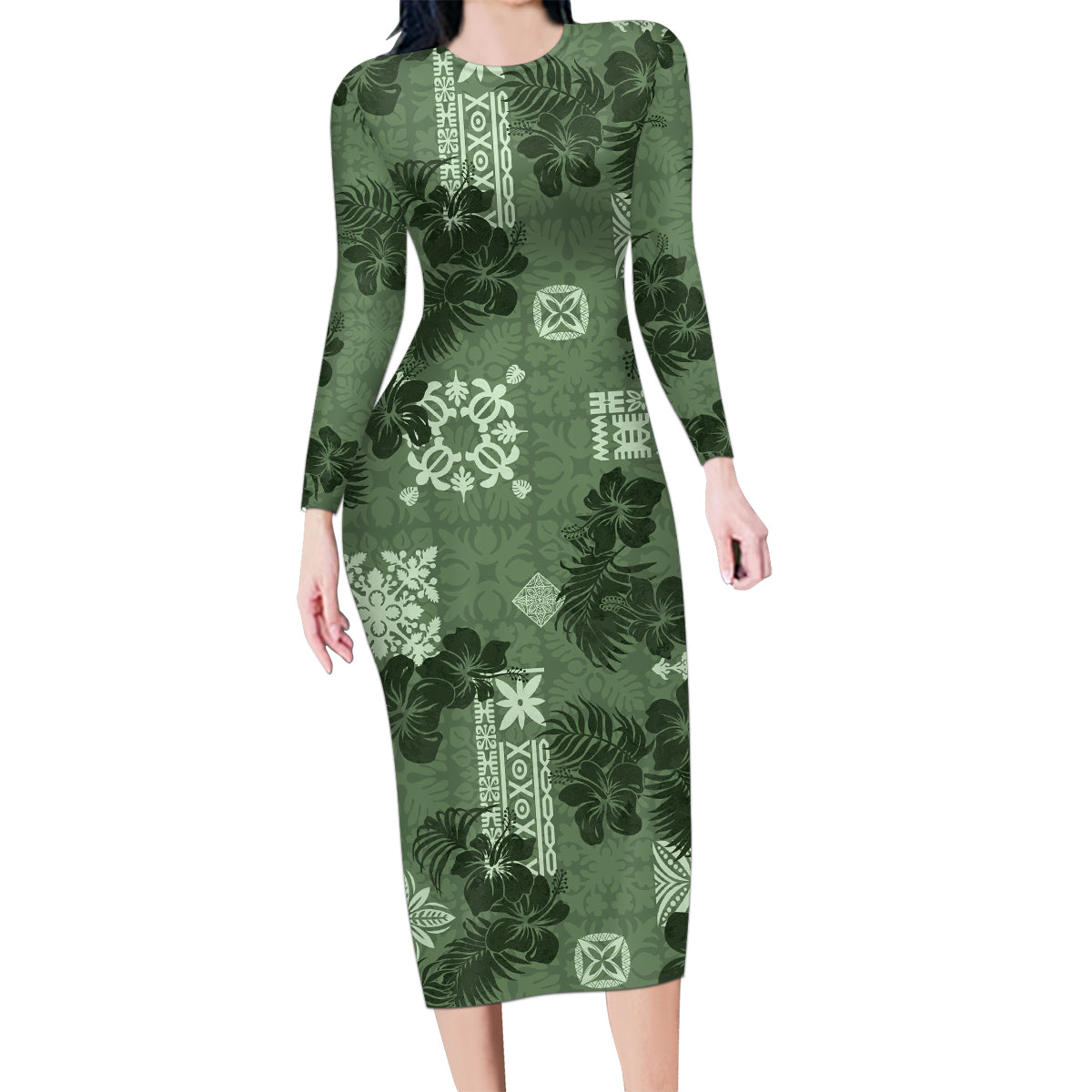 Hawaii Tapa Family Matching Long Sleeve Bodycon Dress and Hawaiian Shirt Hibiscus Mix Hawaiian Quilt Patches - Sage Green LT7 - Wonder Print Shop
