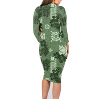 Hawaii Tapa Family Matching Long Sleeve Bodycon Dress and Hawaiian Shirt Hibiscus Mix Hawaiian Quilt Patches - Sage Green LT7 - Wonder Print Shop