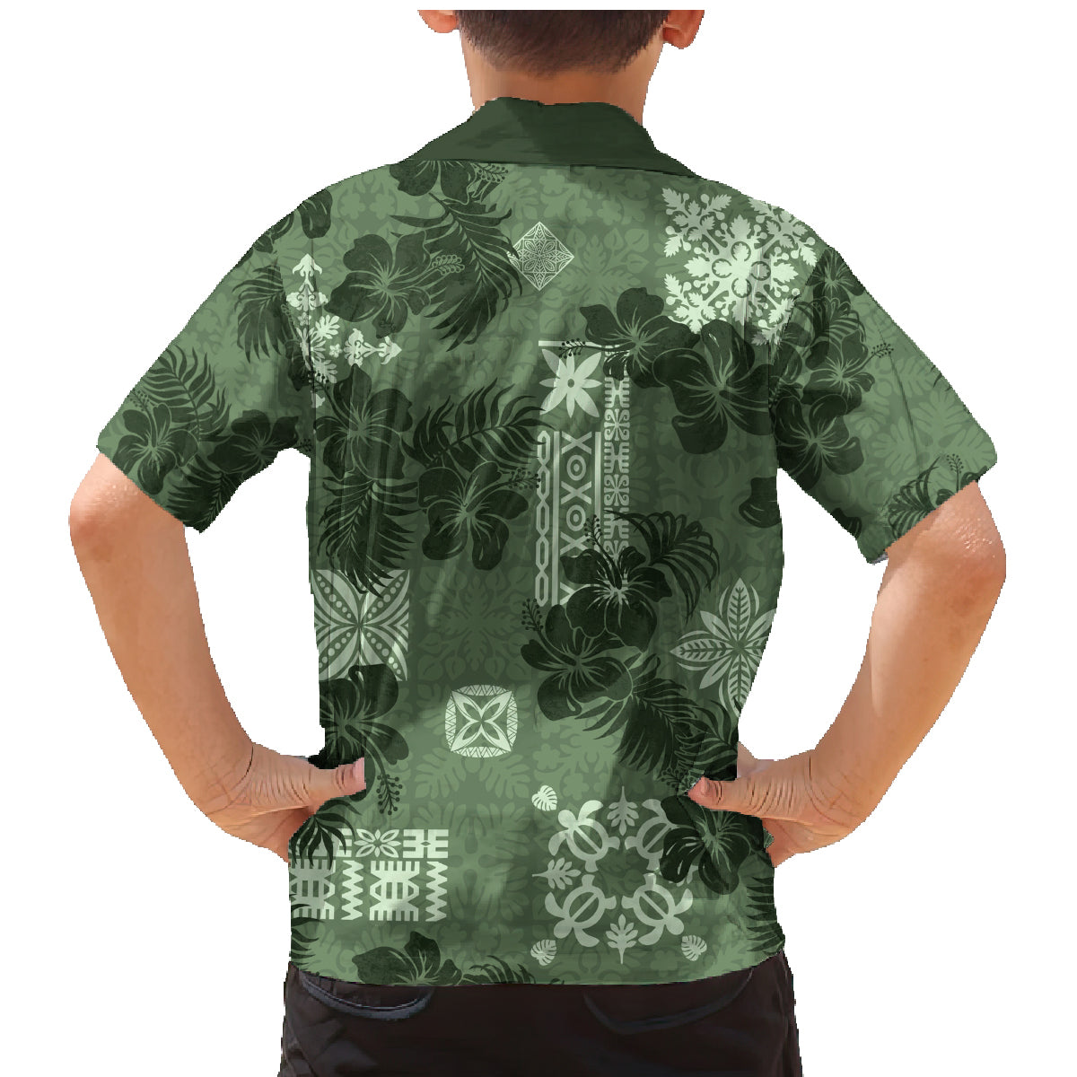 Hawaii Tapa Family Matching Mermaid Dress and Hawaiian Shirt Hibiscus Mix Hawaiian Quilt Patches - Sage Green LT7 - Wonder Print Shop