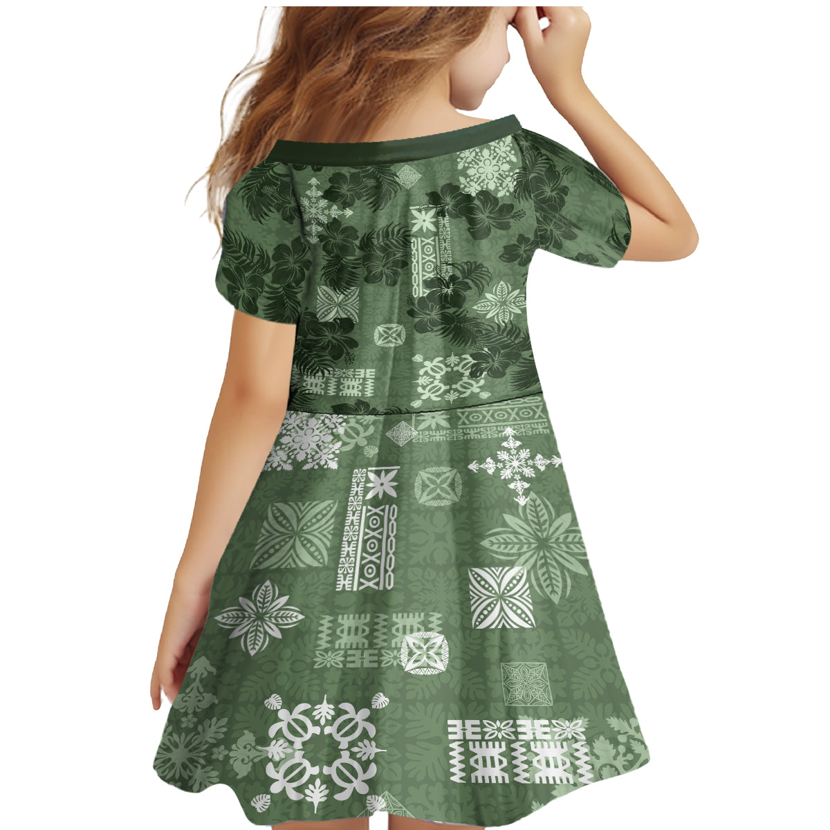 Hawaii Tapa Family Matching Mermaid Dress and Hawaiian Shirt Hibiscus Mix Hawaiian Quilt Patches - Sage Green LT7 - Wonder Print Shop