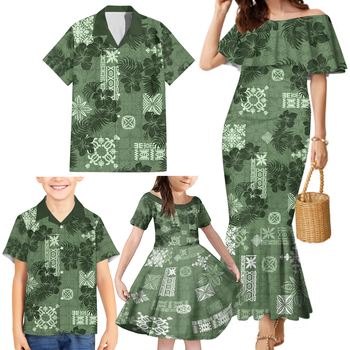 Hawaii Tapa Family Matching Mermaid Dress and Hawaiian Shirt Hibiscus Mix Hawaiian Quilt Patches - Sage Green LT7 - Wonder Print Shop