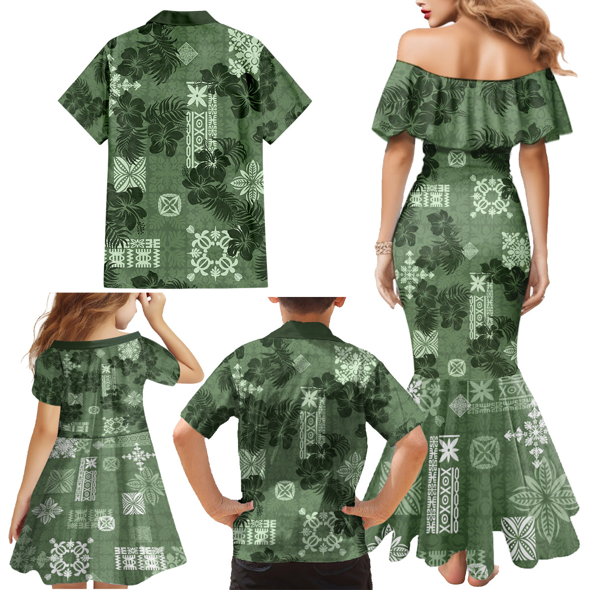 Hawaii Tapa Family Matching Mermaid Dress and Hawaiian Shirt Hibiscus Mix Hawaiian Quilt Patches - Sage Green LT7 - Wonder Print Shop