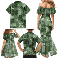 Hawaii Tapa Family Matching Mermaid Dress and Hawaiian Shirt Hibiscus Mix Hawaiian Quilt Patches - Sage Green LT7 - Wonder Print Shop
