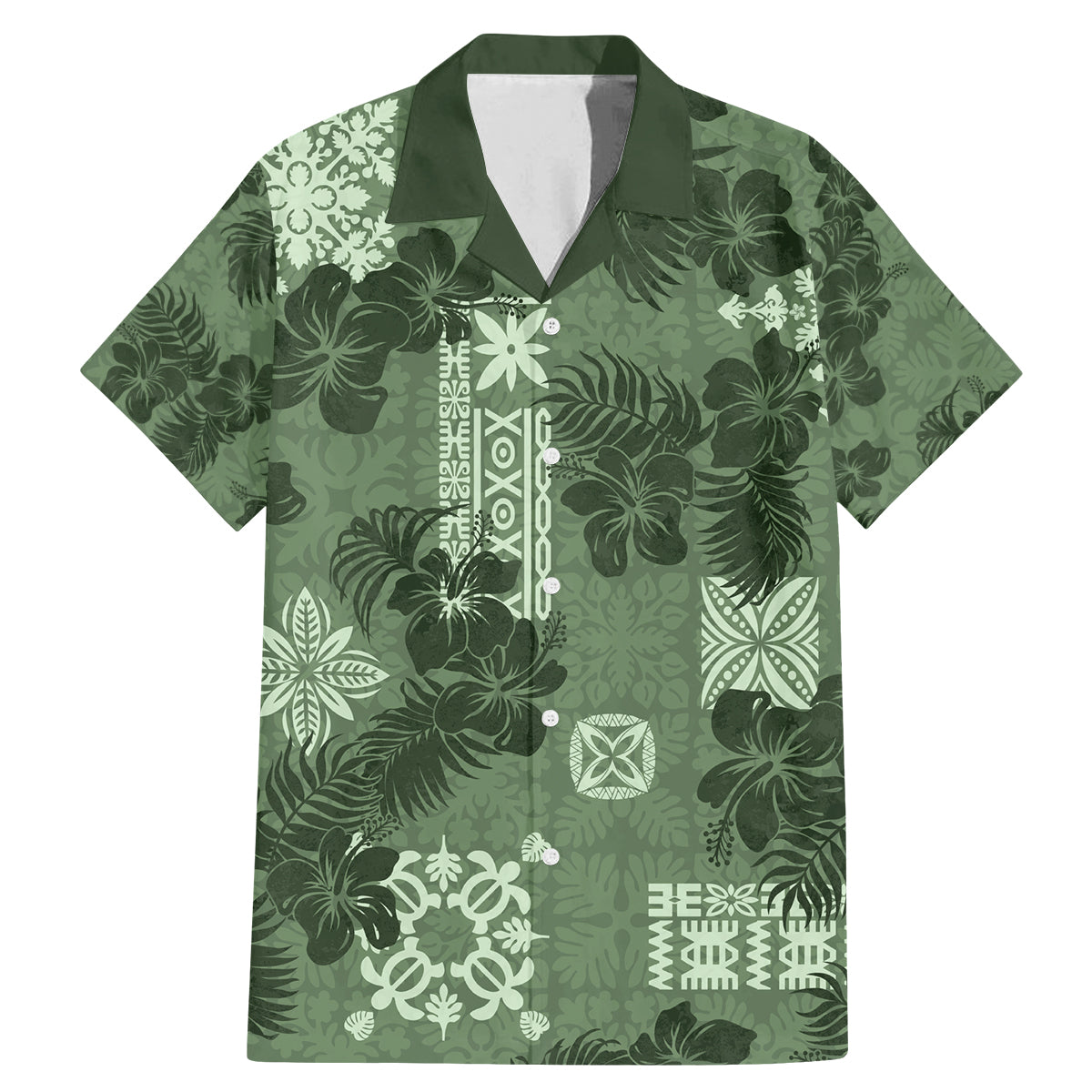 Hawaii Tapa Family Matching Mermaid Dress and Hawaiian Shirt Hibiscus Mix Hawaiian Quilt Patches - Sage Green LT7 - Wonder Print Shop