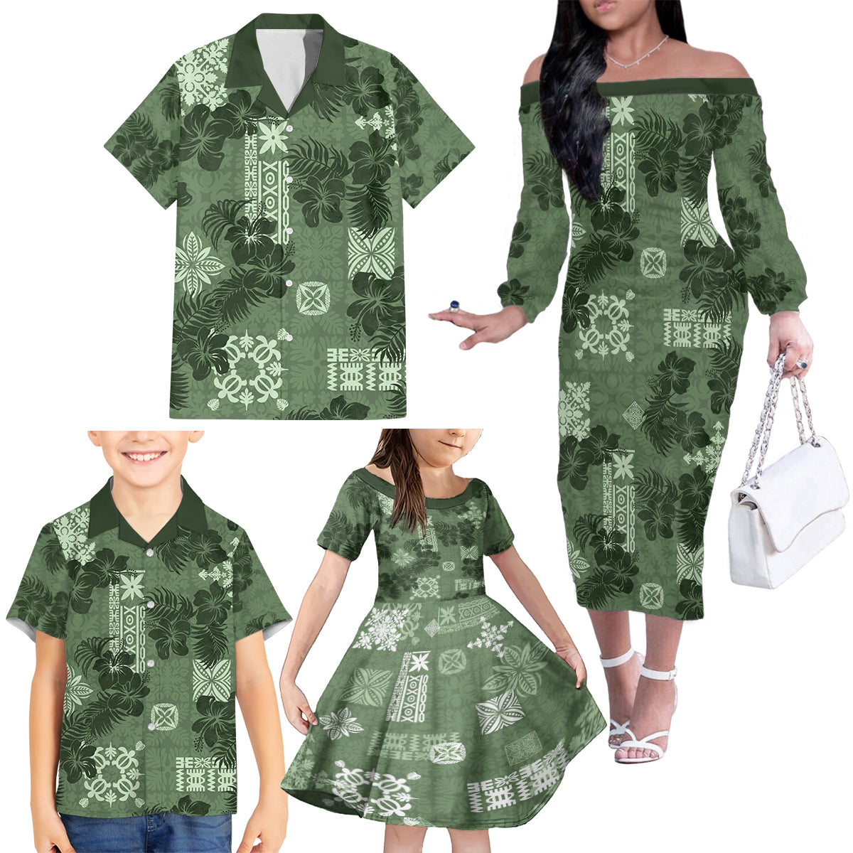 Hawaii Tapa Family Matching Off Shoulder Long Sleeve Dress and Hawaiian Shirt Hibiscus Mix Hawaiian Quilt Patches - Sage Green - Wonder Print Shop