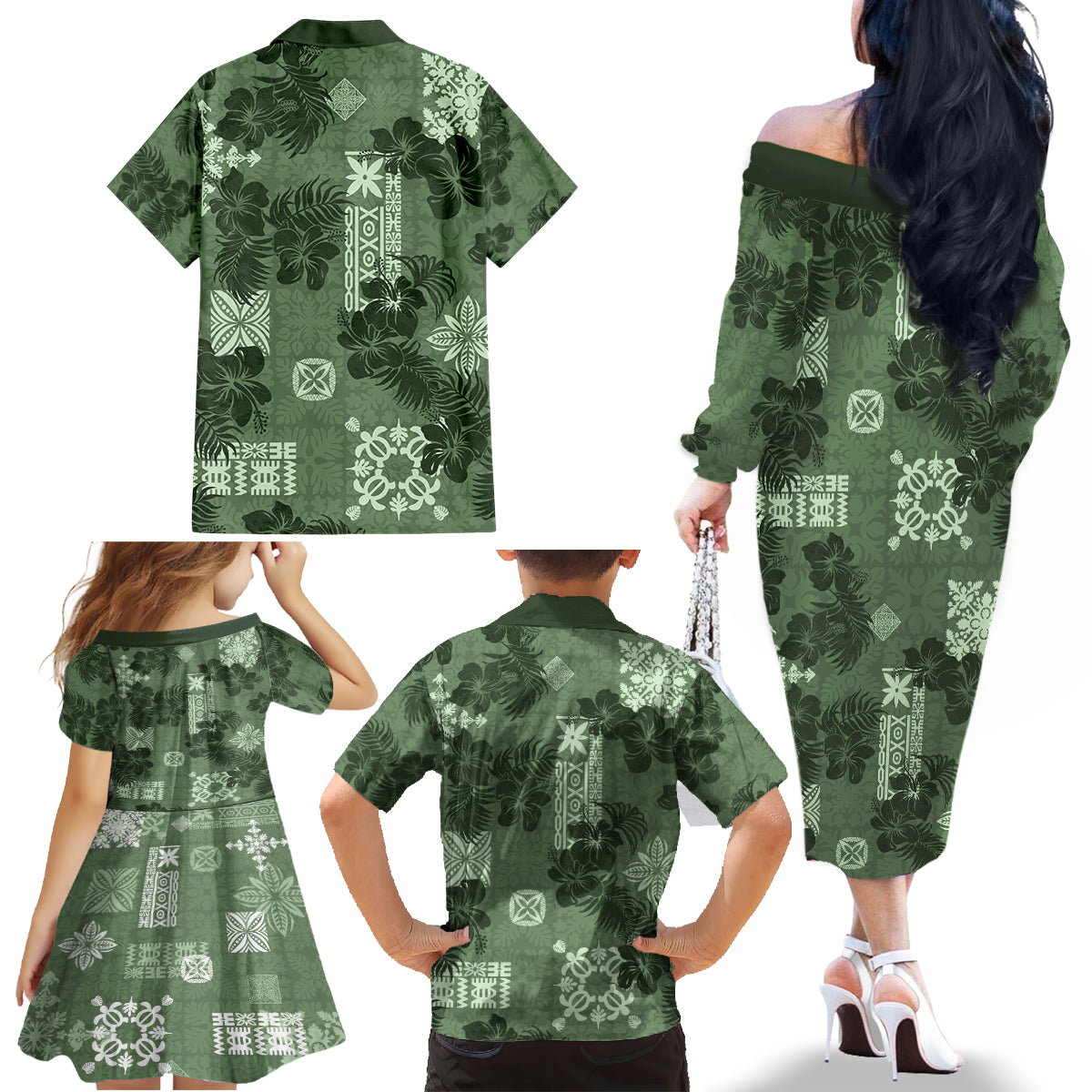 Hawaii Tapa Family Matching Off Shoulder Long Sleeve Dress and Hawaiian Shirt Hibiscus Mix Hawaiian Quilt Patches - Sage Green - Wonder Print Shop