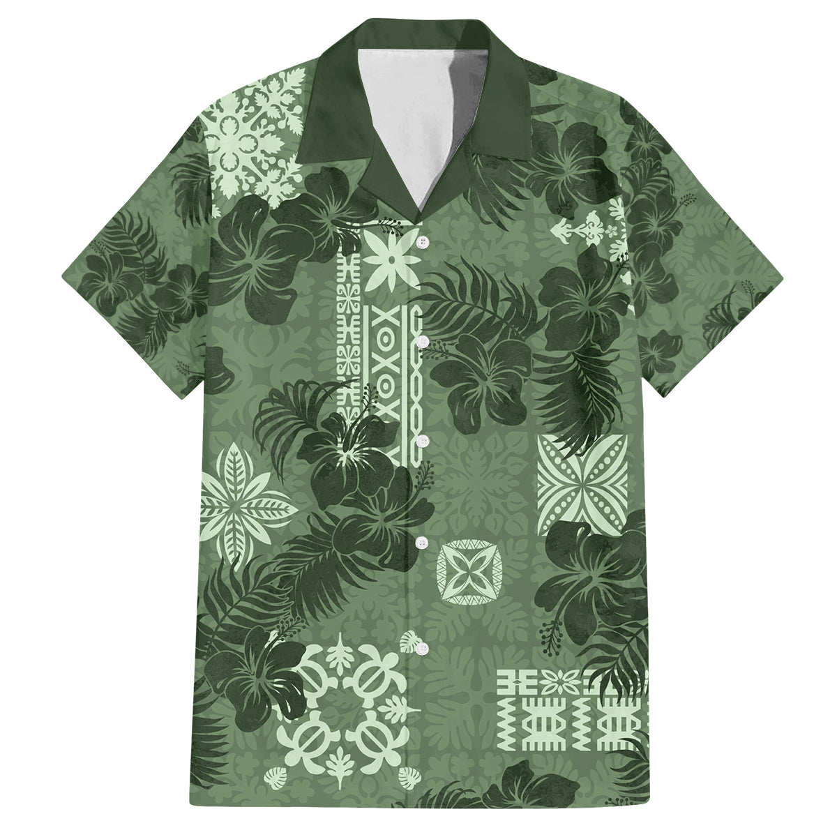 Hawaii Tapa Family Matching Off Shoulder Long Sleeve Dress and Hawaiian Shirt Hibiscus Mix Hawaiian Quilt Patches - Sage Green - Wonder Print Shop