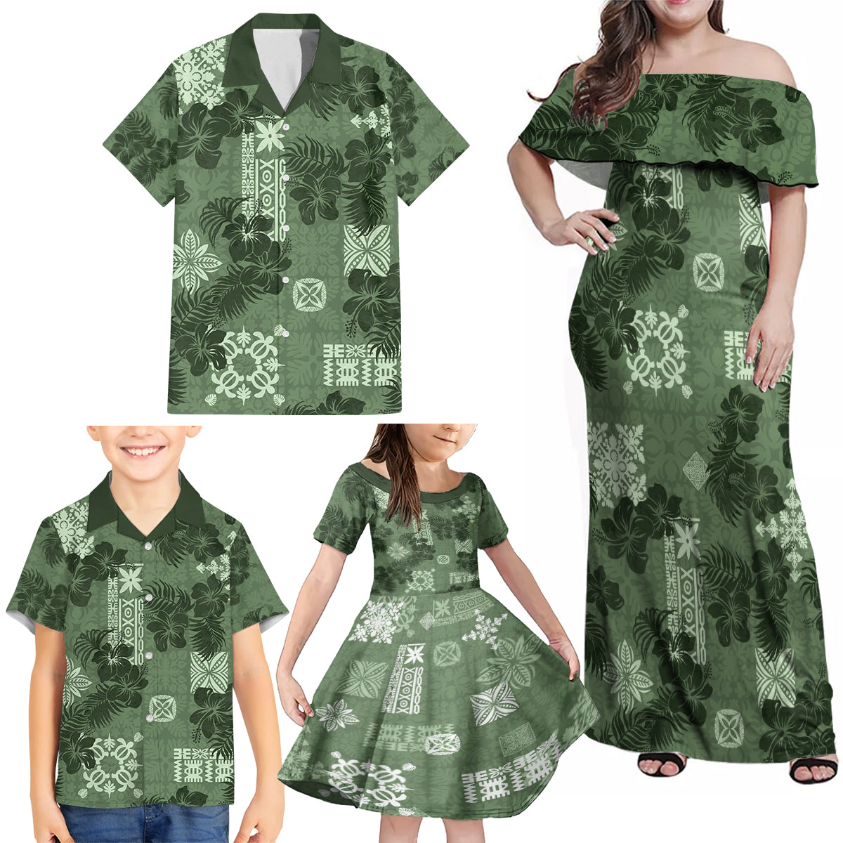 Hawaii Tapa Family Matching Off Shoulder Maxi Dress and Hawaiian Shirt Hibiscus Mix Hawaiian Quilt Patches - Sage Green LT7 - Wonder Print Shop
