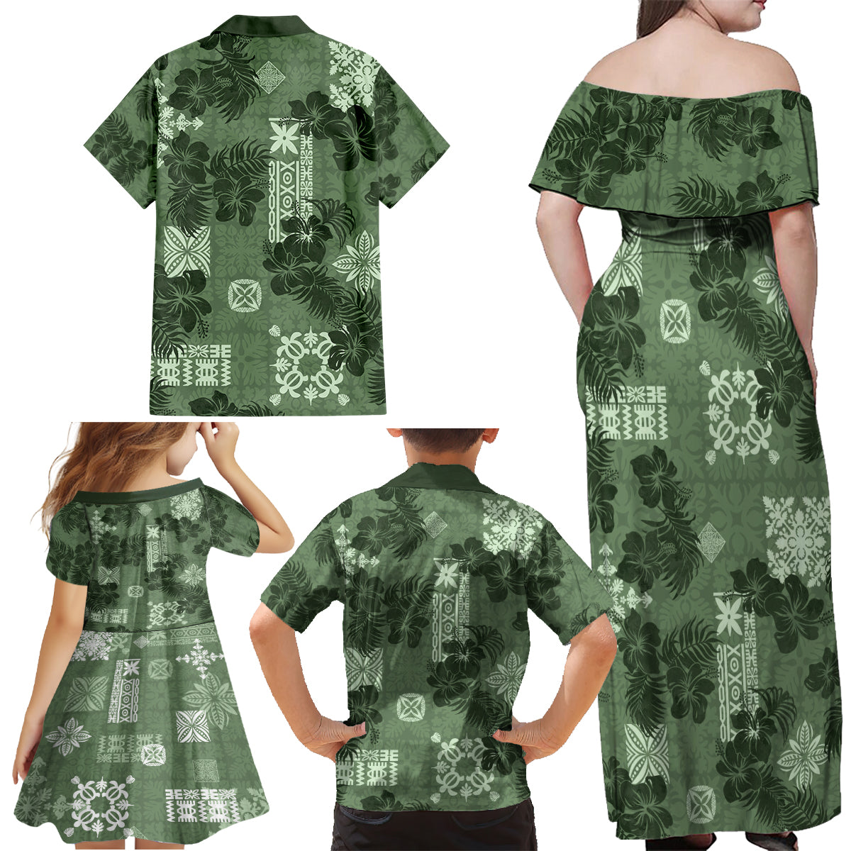 Hawaii Tapa Family Matching Off Shoulder Maxi Dress and Hawaiian Shirt Hibiscus Mix Hawaiian Quilt Patches - Sage Green LT7 - Wonder Print Shop
