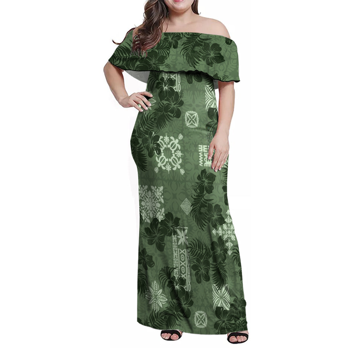 Hawaii Tapa Family Matching Off Shoulder Maxi Dress and Hawaiian Shirt Hibiscus Mix Hawaiian Quilt Patches - Sage Green LT7 - Wonder Print Shop