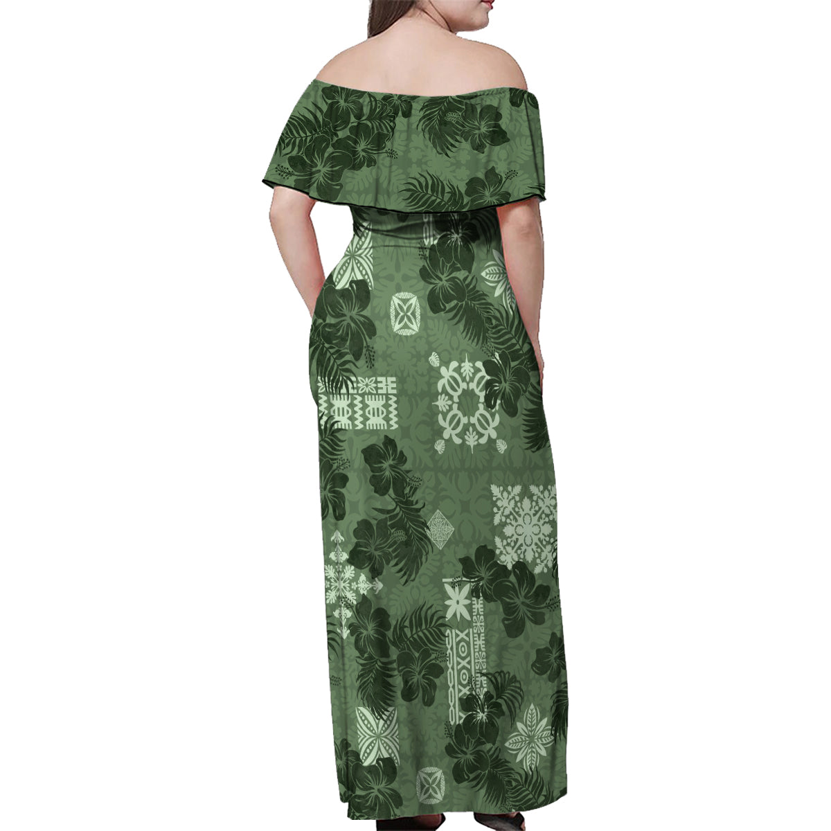 Hawaii Tapa Family Matching Off Shoulder Maxi Dress and Hawaiian Shirt Hibiscus Mix Hawaiian Quilt Patches - Sage Green LT7 - Wonder Print Shop