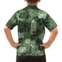 Hawaii Tapa Family Matching Off Shoulder Short Dress and Hawaiian Shirt Hibiscus Mix Hawaiian Quilt Patches - Sage Green LT7 - Wonder Print Shop