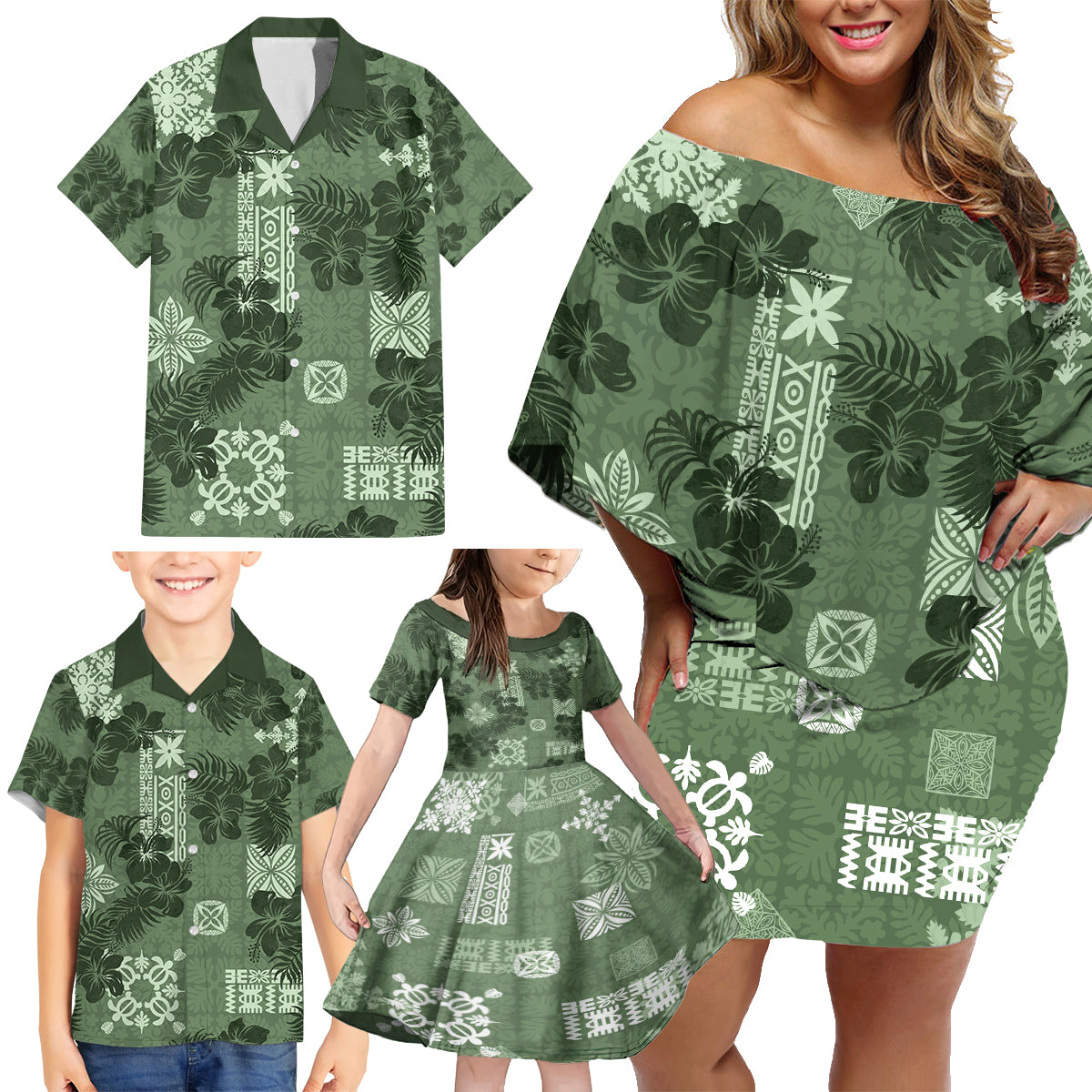 Hawaii Tapa Family Matching Off Shoulder Short Dress and Hawaiian Shirt Hibiscus Mix Hawaiian Quilt Patches - Sage Green LT7 - Wonder Print Shop